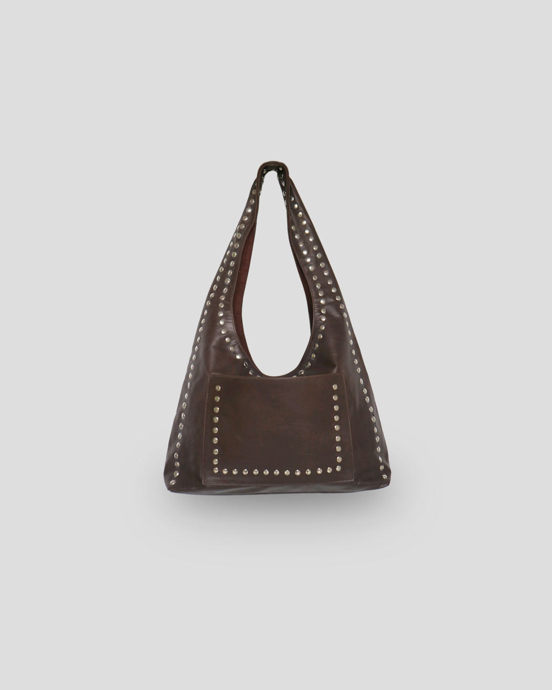 Brown handbag with studded details on a light gray background