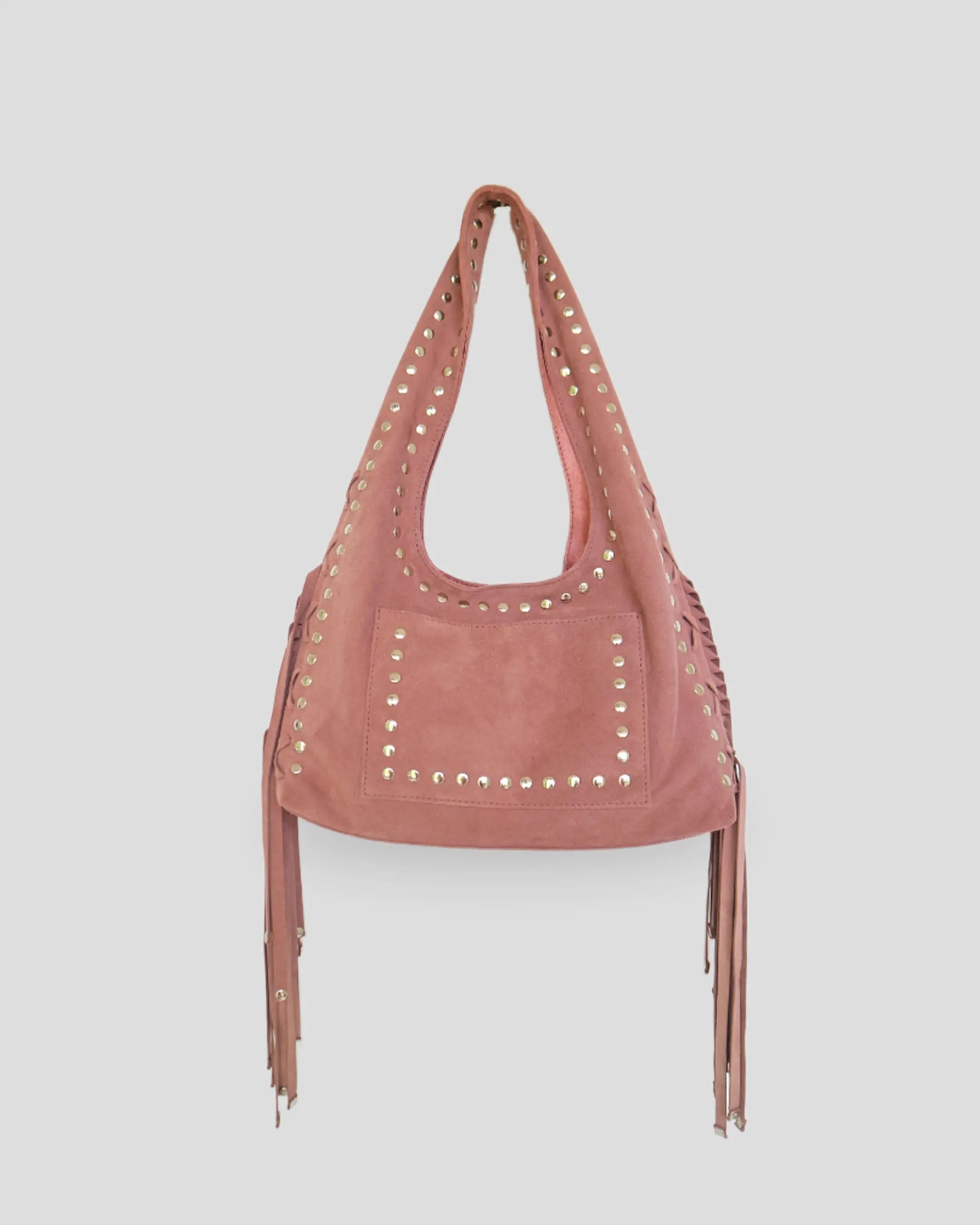 Pink handbag with studs and fringe in milano