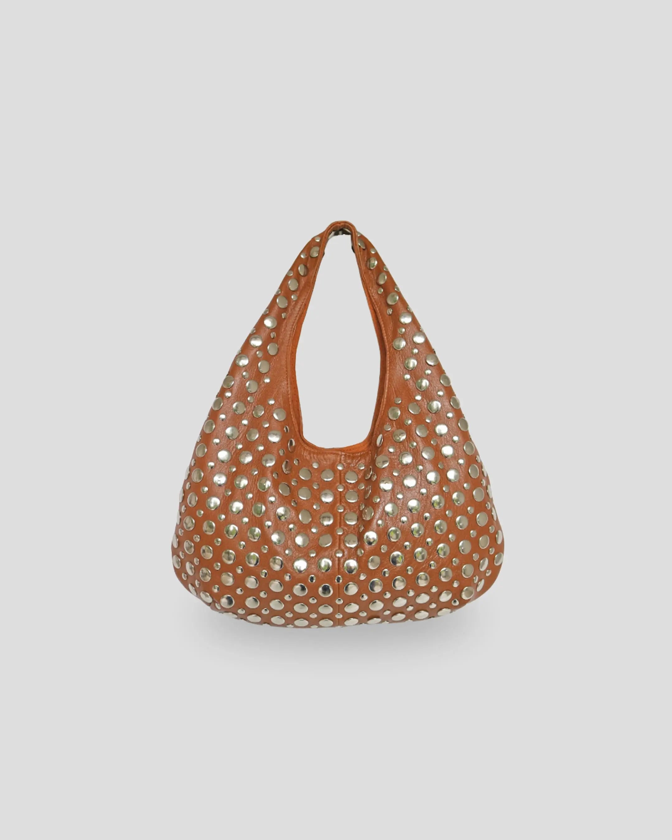 Tan leather studded shoulder bag for women with silver metal studs and edgy design - Clowy Kling handmade bag