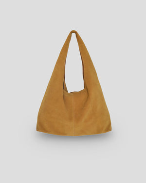 Big Vetta suede shoulder bag in brown leather showing how to care for suede bags properly