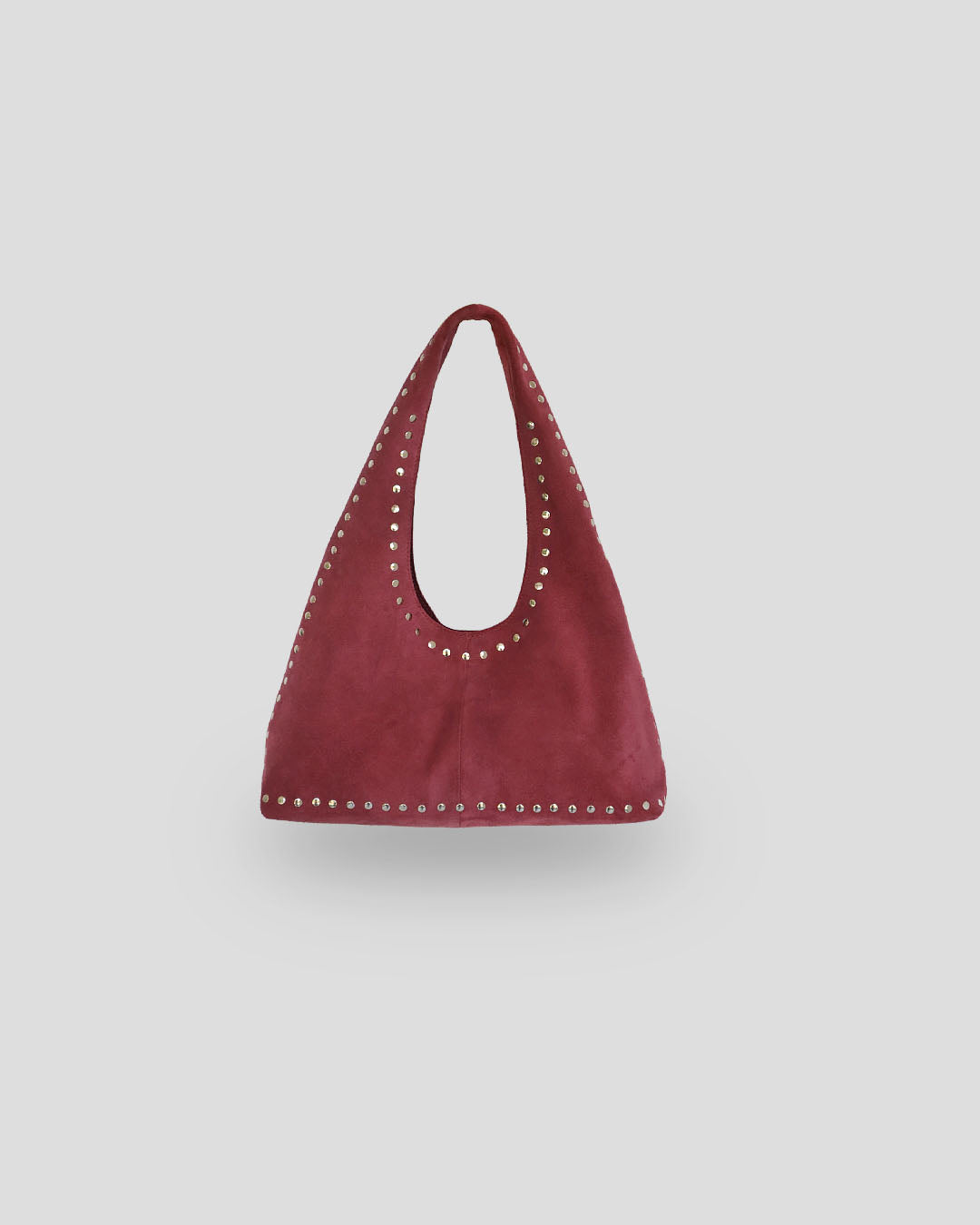 Navya suede shoulder bag in rose wood with metallic studs showing how to care for suede bags