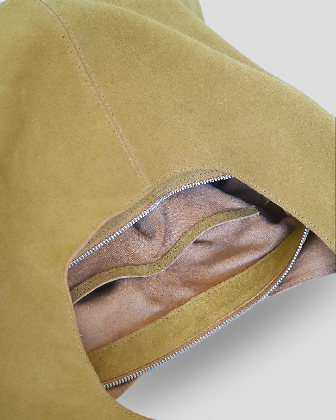 Big Vetta suede shoulder bag interior compartments with suede fabric lining