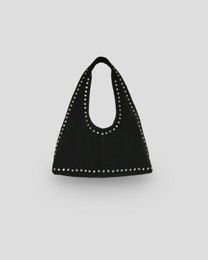 Navya black suede shoulder bag featuring metallic studs and easy suede bag care maintenance