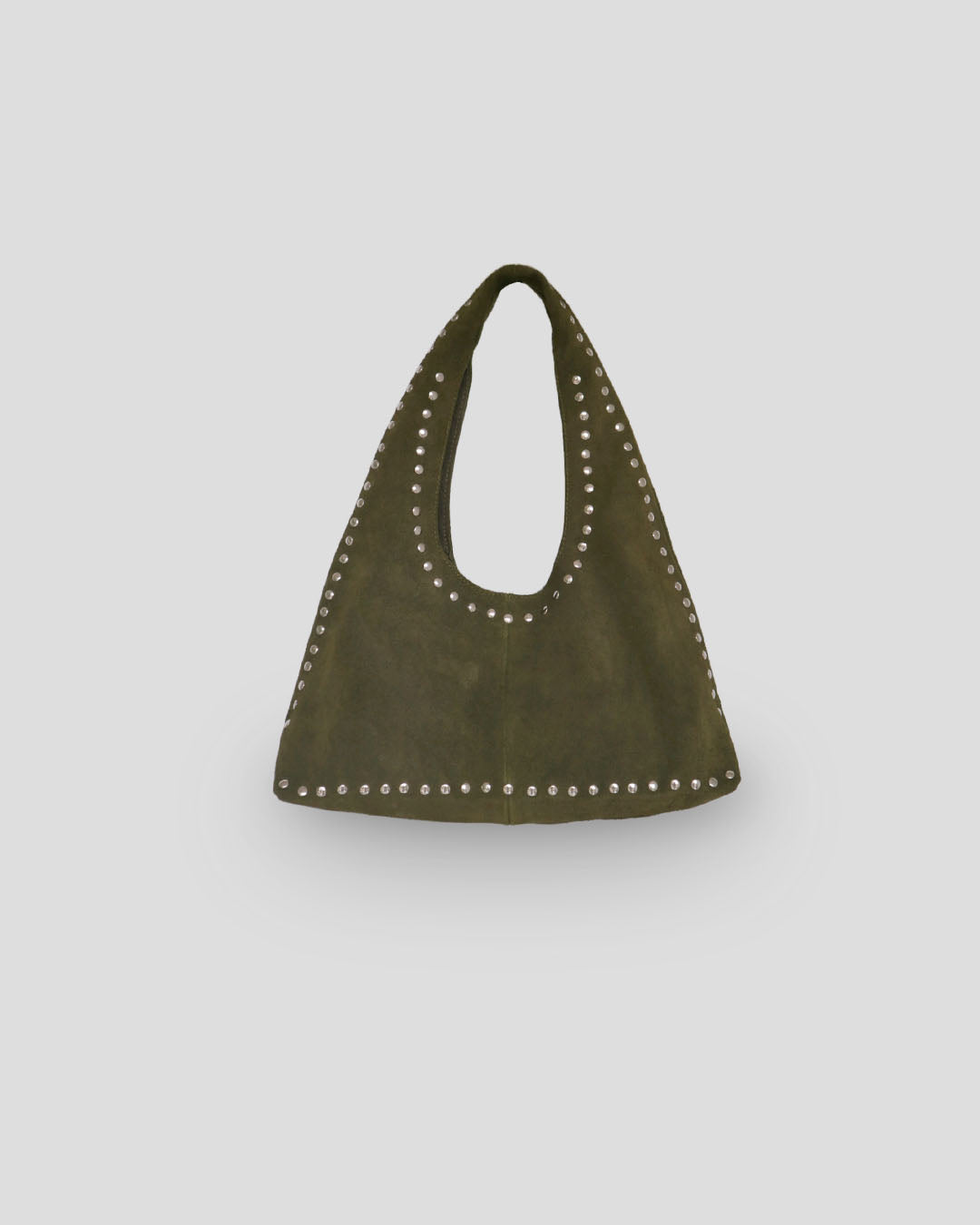 Green handbag with studded details on a light gray background
