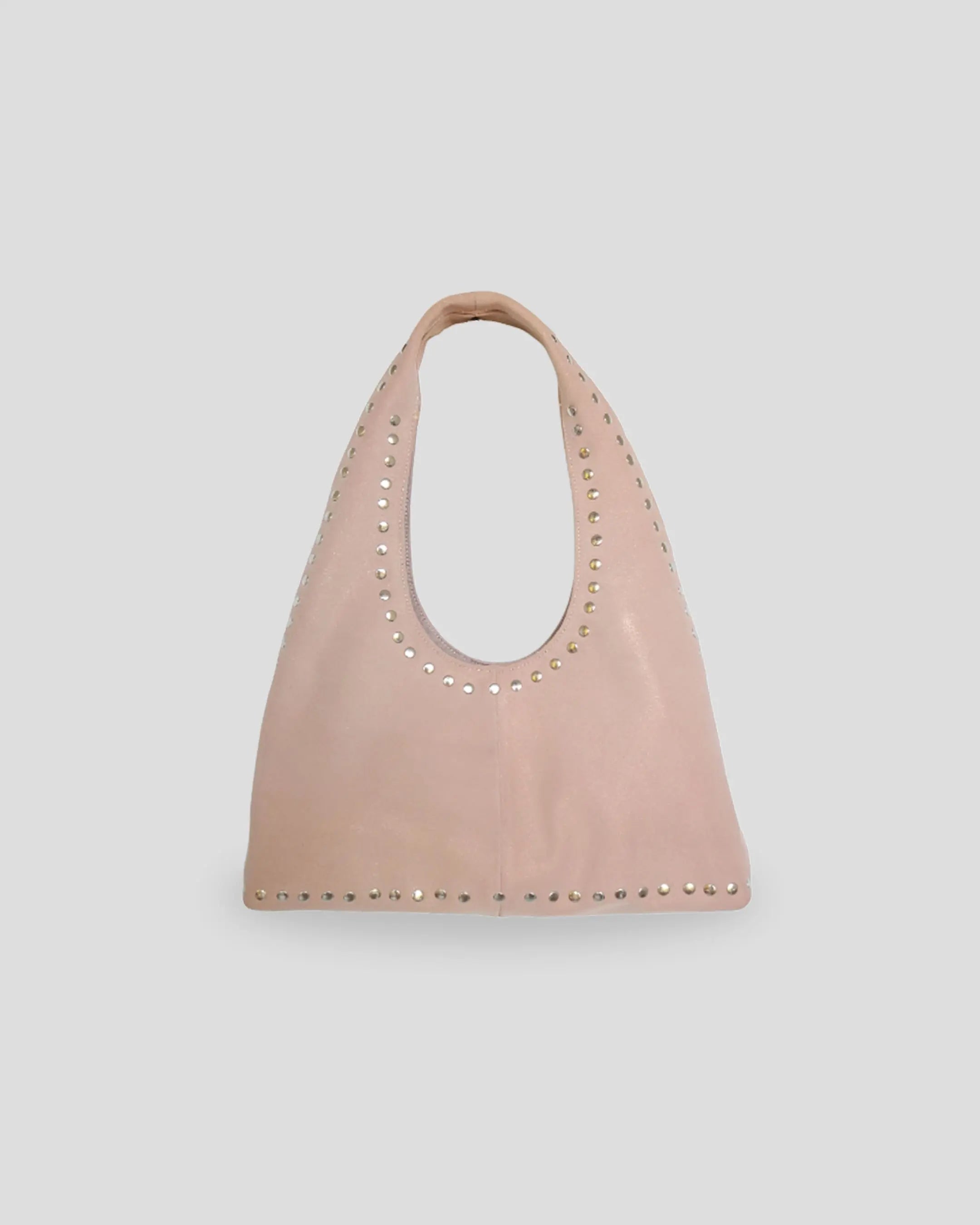 Pink studded shoulder bag women France glossy suede leather metallic studs premium