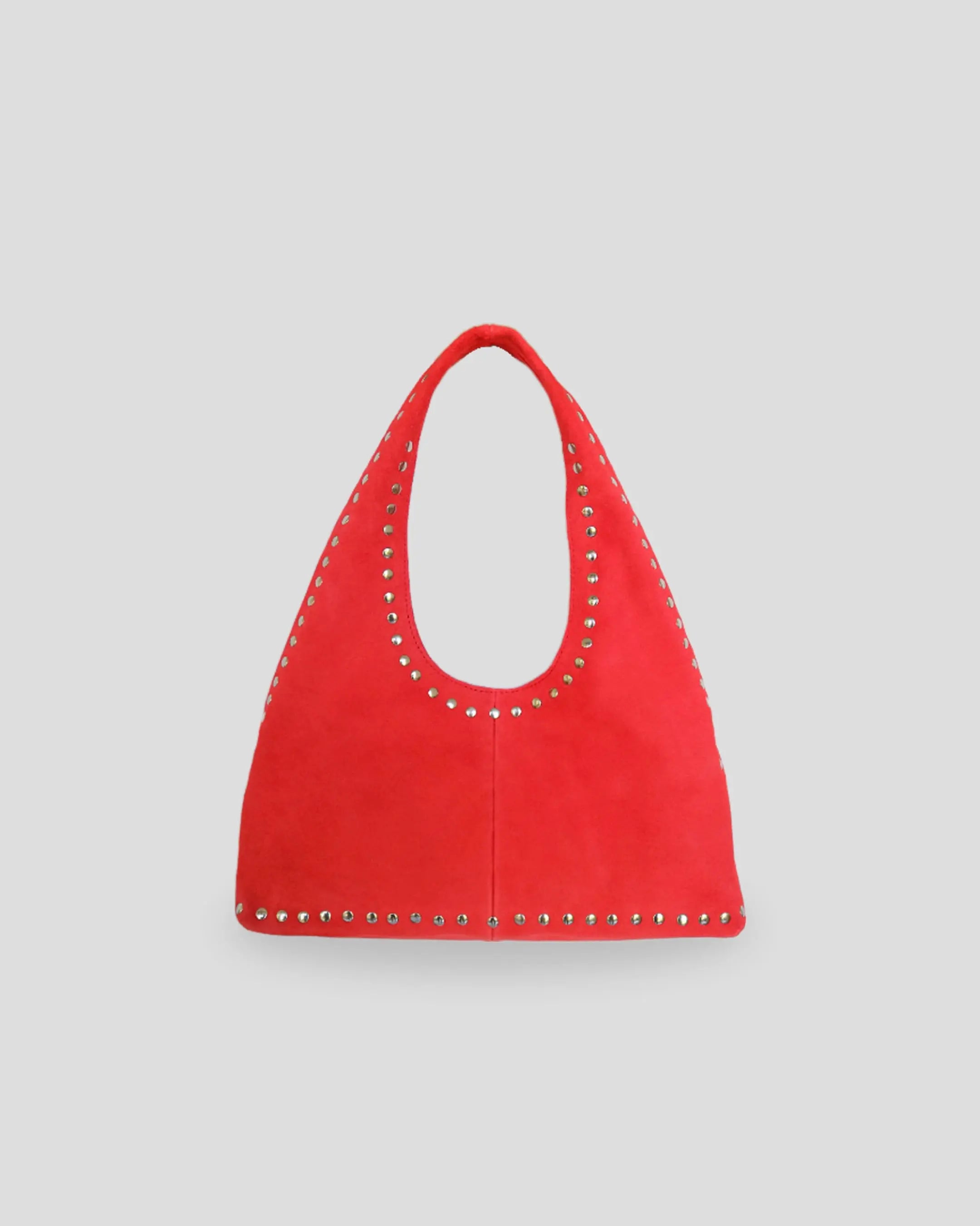 Red chili studded shoulder bag women Netherlands vibrant suede leather metallic accents