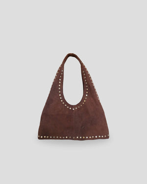 Brown studded shoulder bag women Singapore premium suede leather metallic details