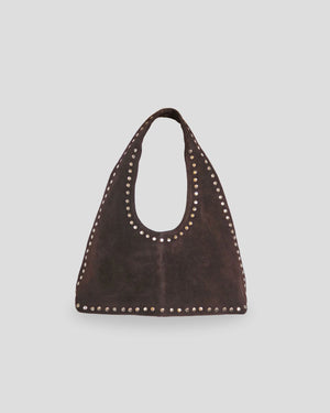 Navya dark brown suede shoulder bag for women UK metallic studs premium leather