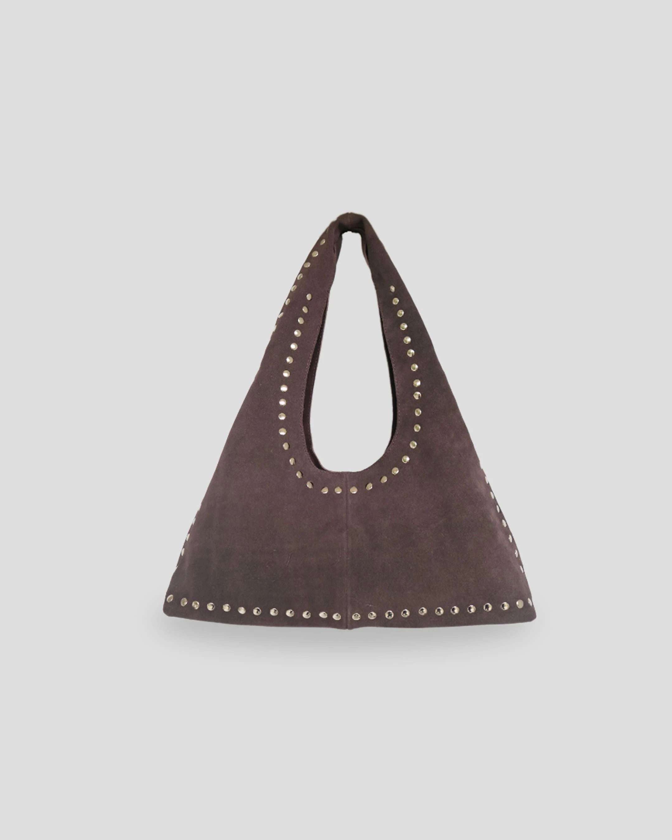 Dark brown studded shoulder bag women USA premium goat suede leather quality