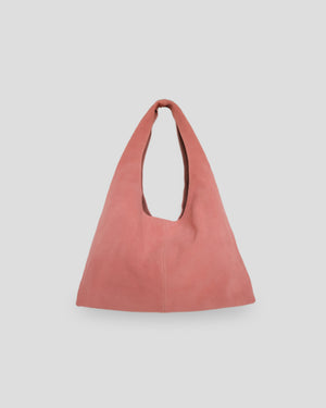 Pink shoulder bag on a light gray background